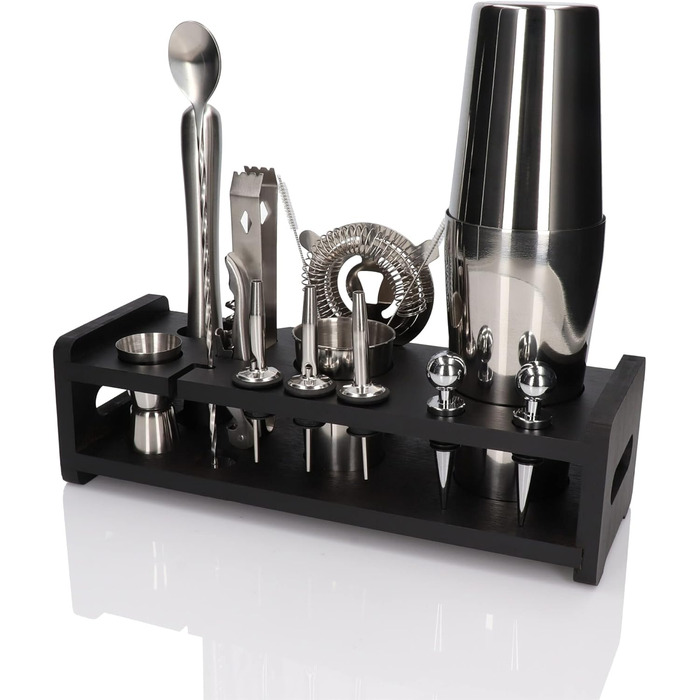 Набір для коктейлів Whiskey Rocks 17-Piece з бамбуковим підставкою: шейкер, мірний стакан, товкачик, ложка, з нержавіючої сталі, сріблястий