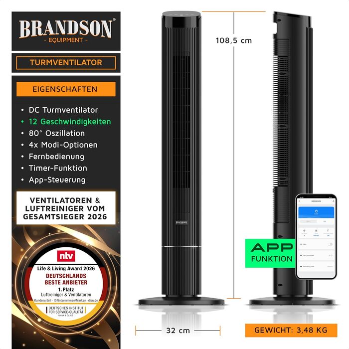 Вентилятор підлоговий Brandson DC Turm з Wi-Fi, керування через Smart Life, енергоефективний, тихий, з пультом - ECO GREEN