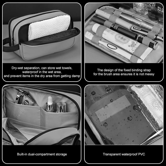 Чоловіча косметичка-органайзер, водонепроникна з PU-шкіри, сіра. Двошарова туалетна сумка для подорожей