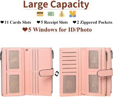 GOIACII Wallet for Women, Leather Wallet for Women, RFID Blocking Large and Long Wallet for Women with Multiple Card Slots, Removable Wrist Strap