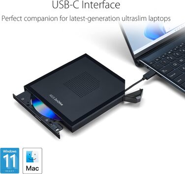 Зовнішній DVD-привід та записувач ASUS ZenDrive V1M (SDRW-08V1M-U) з інтерфейсом USB-C, підтримкою M-Disc, для Windows 11 та macOS