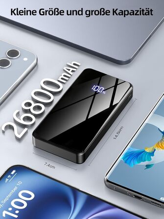 Power Bank 26800mAh з швидкою зарядкою 22.5W USB-C PD3.0 та QC4.0, LED дисплеєм, сірий колір. Сумісний з iPhone, Galaxy. Для подорожей та кемпінгу