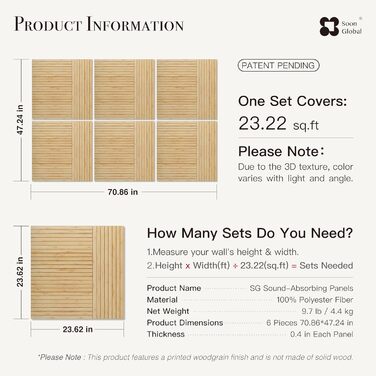 Акустичні настінні панелі Soon Global для звукоізоляції, декоративні звукопоглинаючі панелі, колір Блакитно-зелений Аура, 121,9 x 81,3 см