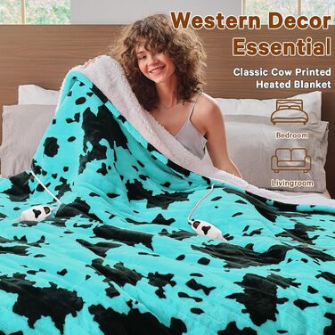 Електрична гріюча ковдра з принтом корів, подвійний розмір, 157 x 213 см, фіолетовий колір, 10 температурних режимів, автоматичне вимкнення через 8 годин, флісова/шерпа ковдра, тепла, подарунок для жінок, розмір 62'x84'
