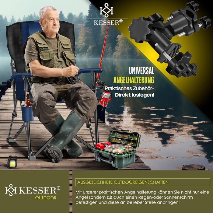 Крісло для кемпінгу KESSER® з високою спинкою, 160 кг, з підлокітниками, тримачем для напоїв та світлом, Navy Blue/Black