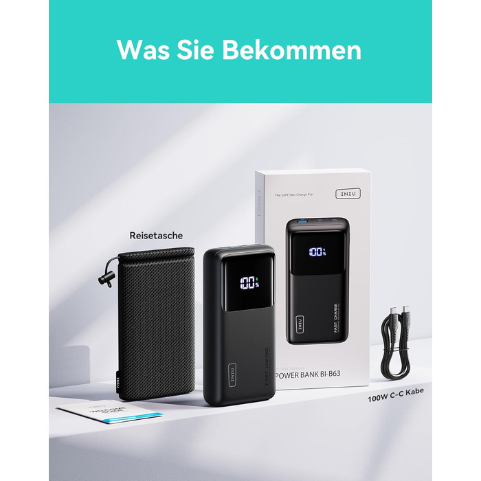 Портативний зарядний акумулятор INIU 100W 25000mAh з USB-C, сумісний з MacBook, iPad, iPhone, DJI та іншими пристроями. Чорний