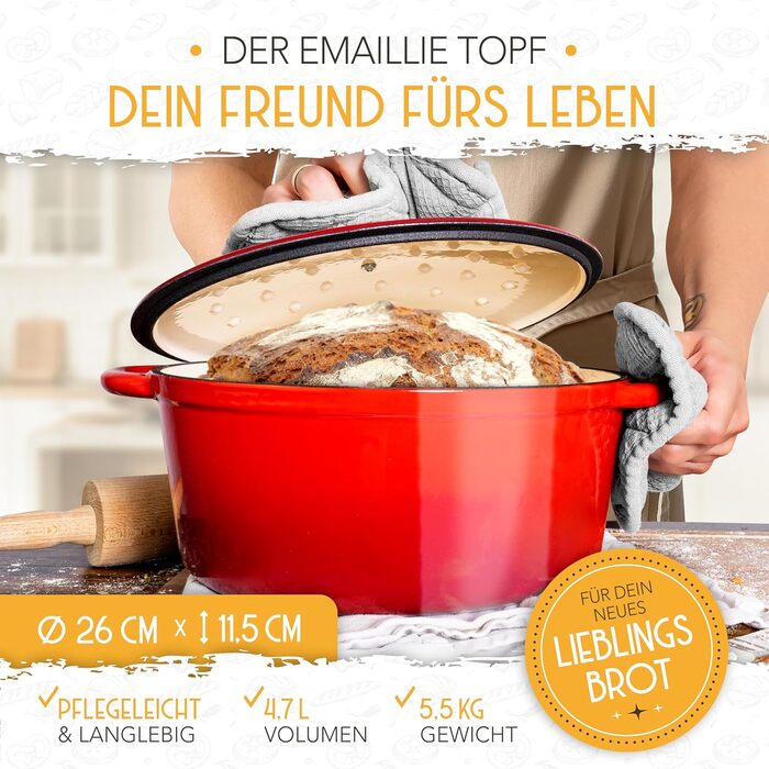 KRUSTENZAUBER Cast Iron Pot [incl. Proofing Basket] - High-Quality Enamel Pot 26cm - Ideal Cast Iron Bread Pot for Baking, Cast Iron Pot for Baking Bread, Bread Baking Accessories Enamel Red
