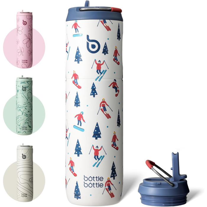BOTTLE BOTTLE Insulated Stainless Steel Water Bottle 750 ml with Straw, Lid & Handle – Leak-Proof, BPA-Free, Double-Walled – Ideal Water Bottle for Sports, Travel & Fitness (Green) (Skiing)