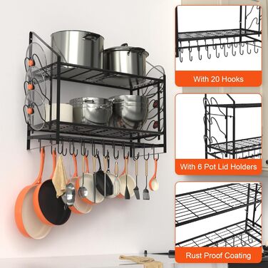 Hanging Pot Rack, 2 Tiers, Pots and Pans Organizer, Wall Mount, with 20 Hooks and 6 Lid Holders, Sturdy Steel Pot and Pan Hanger for Kitchen, Cookware, Utensils