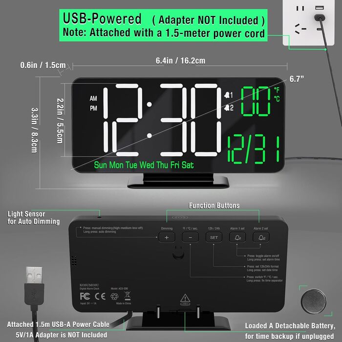 Цифровий LED годинник-будильник KOSUMOSU 6.7