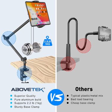 Тримач для планшета та смартфона AboveTEK, регульований підставочний рукав з обертанням 360° для столу та ліжка, сумісний з iPad Pro Air Mini, Galaxy Tab (4,7-13,5 дюймів) — Чорний