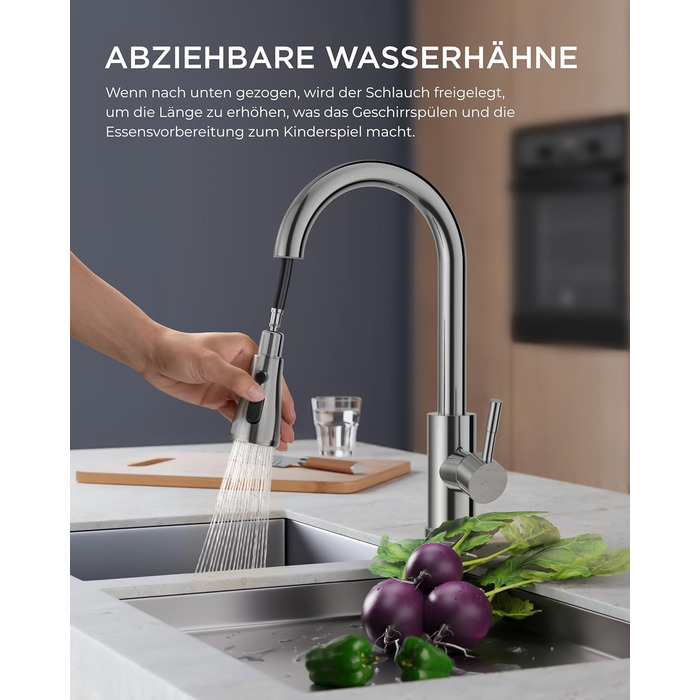 Кран кухонний FORIOUS з висувною лійкою, 360° обертання, 2 режими, хром полірований