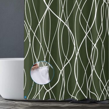 Шторка для душу M&W Design з поліестеру, з лініями, антигрибкова, водовідштовхувальна, біла, 180x200 см, з 12 гачками