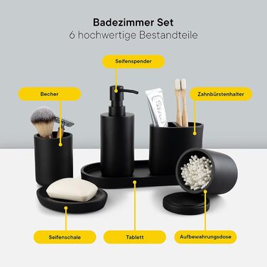DELUXXOO® Набір аксесуарів для ванної кімнати 6 шт. чорний матовий: органайзер, диспенсер для мила, мильниця, стакан для зубної щітки, піднос, ящик для зберігання