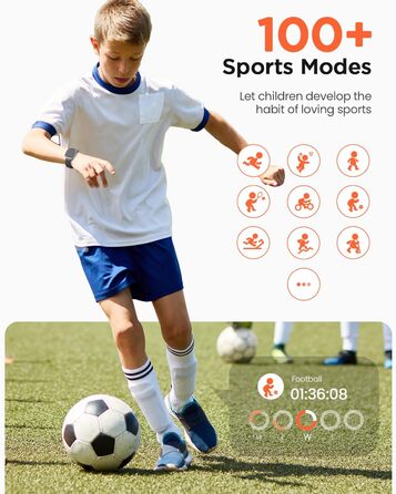 Дитячий розумний годинник для хлопчиків та дівчаток, фітнес-трекер активності з 100+ спортивними режимами, крокомір, монітор серцевого ритму та сну, водонепроникність IP68, подарунок для підлітків 5-16 років, чорний