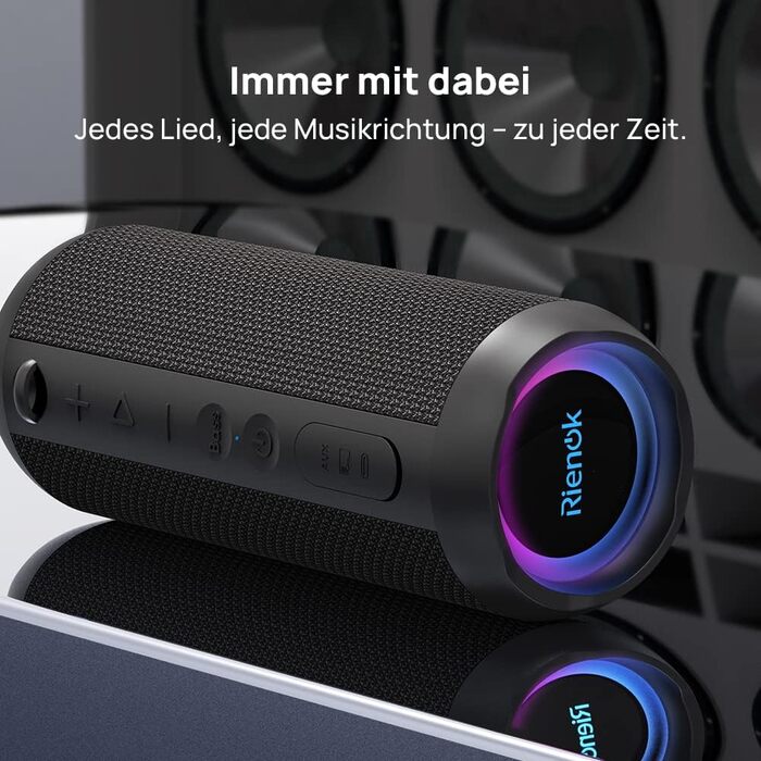 Портативна Bluetooth колонка RIENOK з підсвічуванням, IPX7, 3600 mAh, чорна