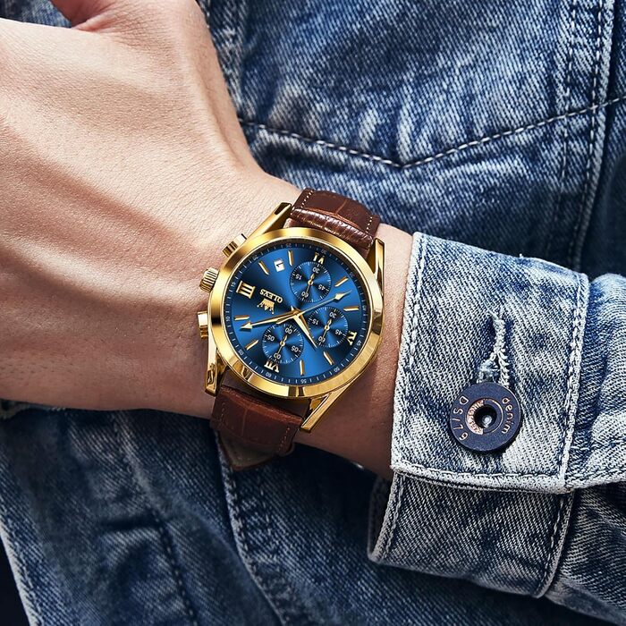 Чоловічий годинник OLEVS Vintage з шкіряним ремінцем, велике циферблат, водостійкий, аналоговий годинник з датою (2872, блакитний циферблат/коричневий ремінець)