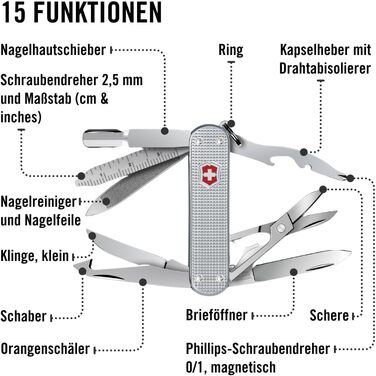 Швейцарський ніж Victorinox Mini Champ Alox: багатофункціональний інструмент, 15 функцій, Swiss Made, з відкривачем листів, відкривачем пляшок, інструментом для зачистки дротів, сріблястого кольору