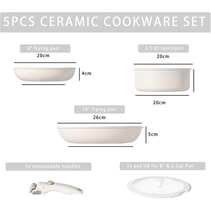 Набір посуду з кераміки 9 шт: каструлі та сковороди з антипригарним покриттям, Induktion, для духовки, без PTFE та PFOA, кремовий (5 шт. чорний)