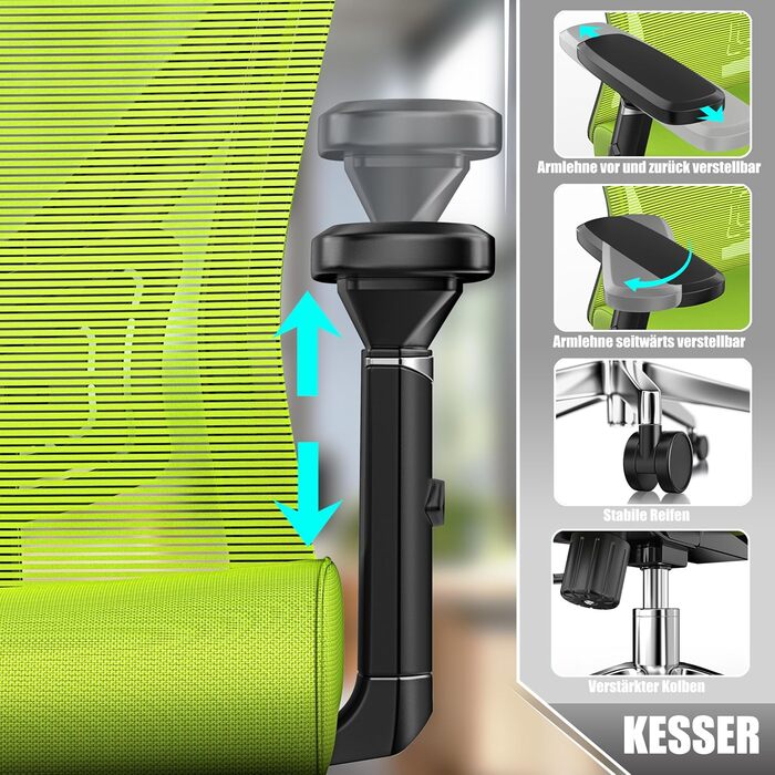 Крісло офісне KESSER® ергономічне з регульованими підлокітниками, підтримкою попереку та підголівником. Офісне крісло з функцією гойдання до 125° та 5 роликами. Зелений/Сріблястий колір