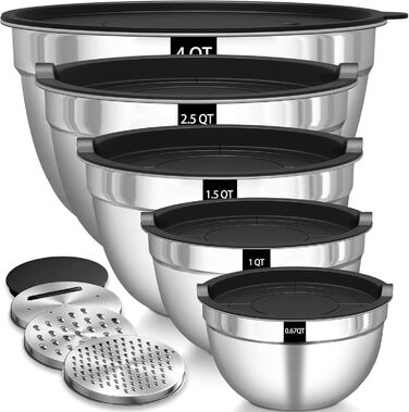 Terlulu Mixing Bowl Set of 5, Stainless Steel Bowl Salad Bowl Set with Airtight Lid, 3 Grater Attachments, 4.5L, 2.7L, 1.6L, 1.1L, 0.7L, Nesting & Dishwasher Safe