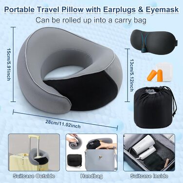 Подушка для шиї у літак з Memory Foam, набір: подушка, маска для сну та навушники (сіра)