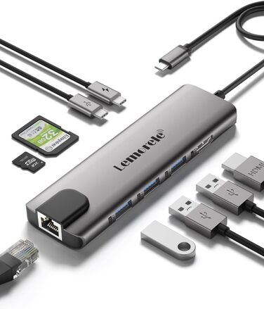 Lemorele Док-станція USB C хаб 9-в-1 з Ethernet: 2xHDMI 4K, 3xUSB 3.0/2.0, VGA, PD 100W, SD/TF, для Windows, MacBook, Dell, HP, Lenovo, Surface