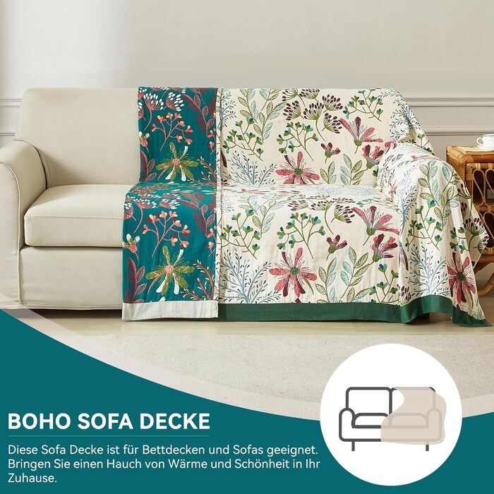 Богемна ковдра Boho 150x200 см, 100% бавовна, двостороння муслінова ковдра, плед для дивану та ліжка, Patchwork, зелено-бежева
