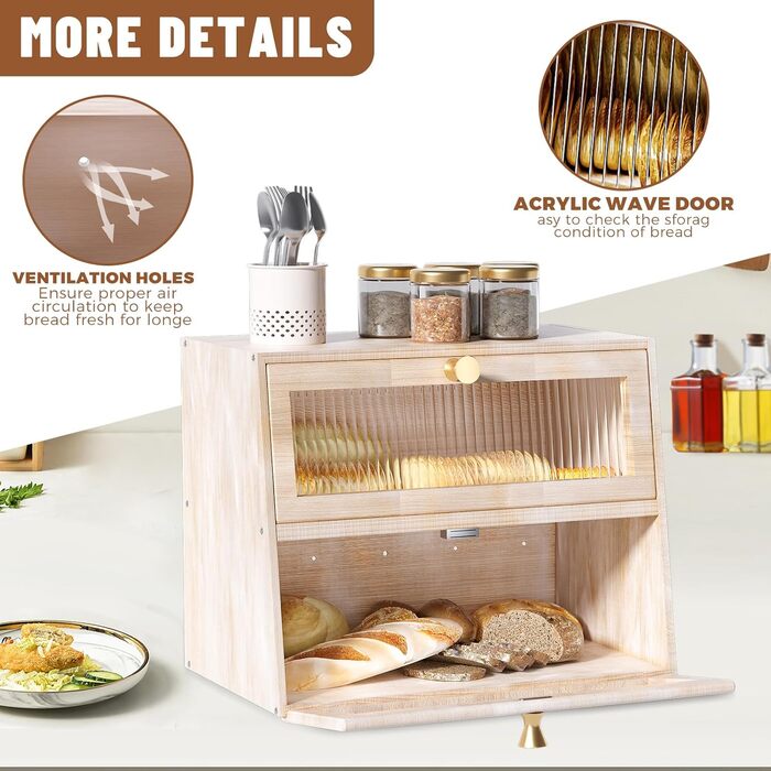 Дерев'яний хлібниця великого розміру, 2-ярусний, з акриловим вікном, стиль фермерський дім (білий/оптимальний сад)