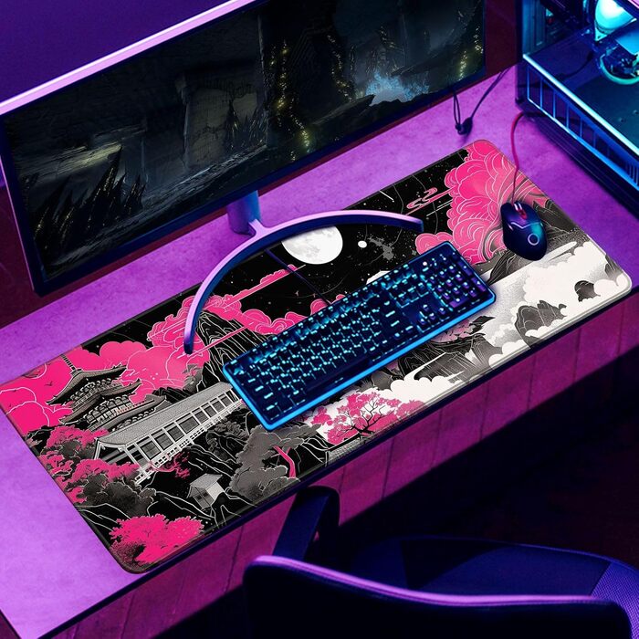 MiaVibte Килимок для столу Японський, Riverside Повний Місяць, ігровий килимок для миші, XL килимок для клавіатури, 80 x 30 см, декор для столу (Мотів 32)