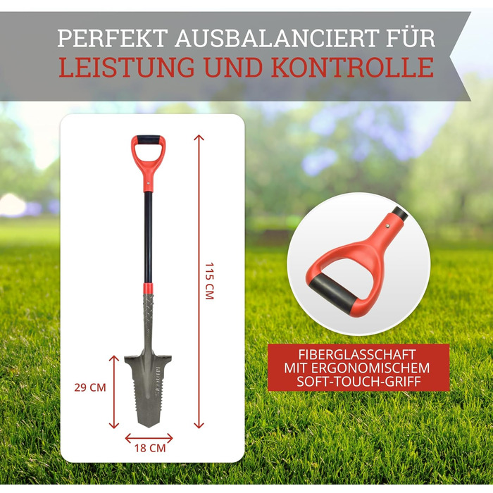 Садова лопата Red Tools Power Head з кореневою пилкою, 115 см, міцне лезо для кам'янистих і твердих ґрунтів, із підпорою для ноги та м'якою ручкою (сіра)