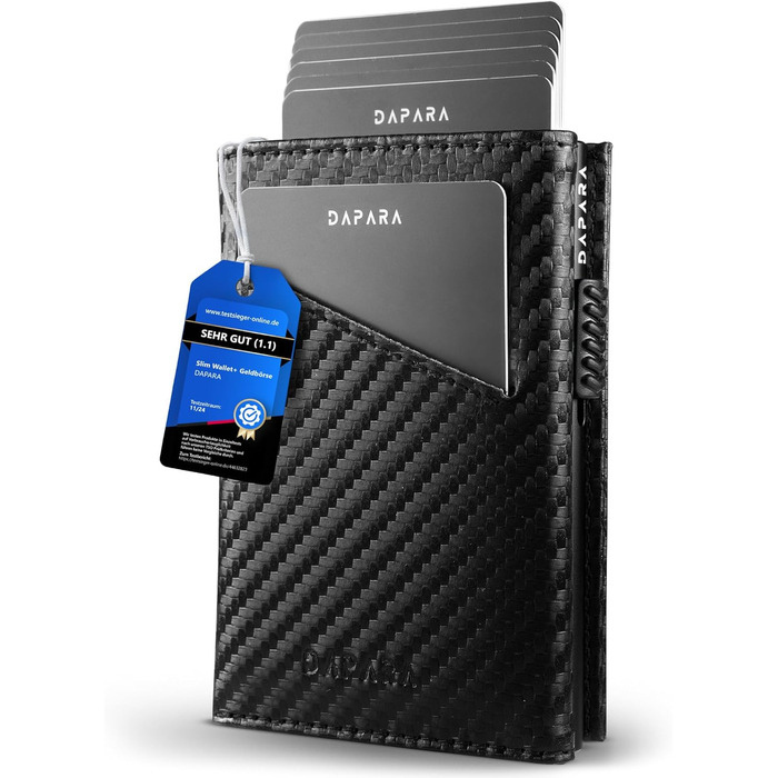 Чоловічий гаманець DAPARA з RFID-захистом | Тонкий гаманець для чоловіків з відділом для монет | Гаманець-картхолдер на 12 карт | Чоловічий гаманець з карбону - чорний