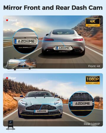 Dashcam AZDOME PG17 4K: Дзеркало заднього виду з відеозаписом, WiFi, GPS, нічне бачення, голосове керування, 64GB карта в комплекті