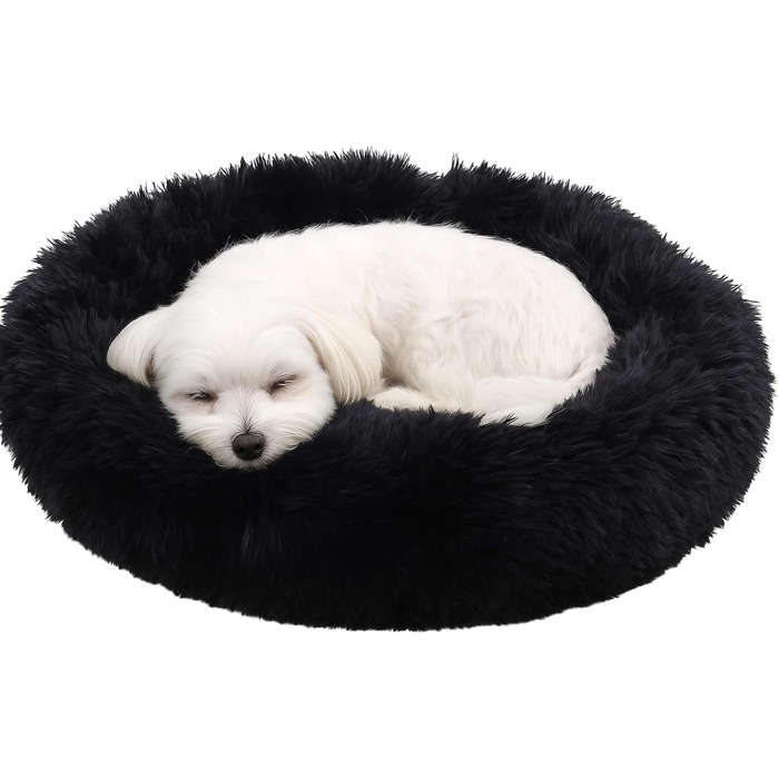 Кругле ліжко для собак та котів Flamingo, м'яке, пухнасте, діаметр 55 см, чорне, знімний наповнювач, 55x55x12 см