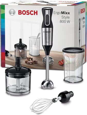 Блендер занурювальний Bosch ErgoMixx Style MS6CM4150, 800 Вт, 12 швидкостей, нержавіюча сталь, 4-лезове лезо, віночок, мірний стакан, подрібнювач 500 мл