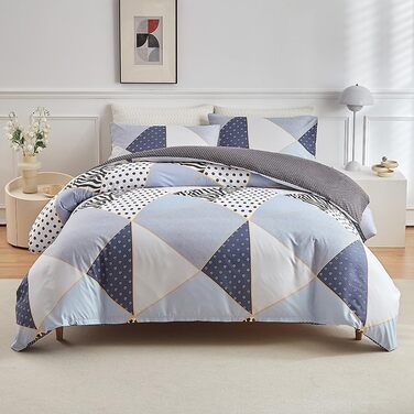 Набір постільної білизни з мармуровим малюнком 200x200, 3 частини: простирадло, 2 наволочки 80x80, мікрофібра, з блискавкою (блакитний трикутник, крапка)