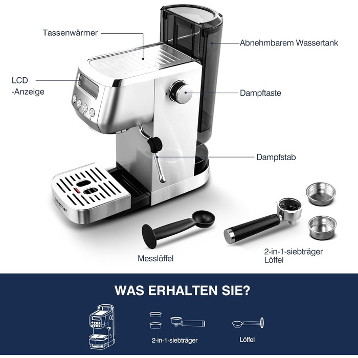 AMZCHEF Espresso Machine 20 Bar | Espresso Machine with Milk Frother | Semi-Automatic Espresso Machine with 2-IN-1 Portafilter for Single and Double Shots | Espresso Machine with Removable Water Tank 1.3 L 1.3L
