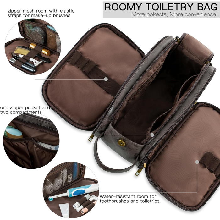 Чоловічий туалетний набір Elviros, подарунок для чоловіків, водонепроникний з PU-шкіри, велика кишеня для подорожей, бізнесу, спорту, ванної кімнати, темно-сірий, розмір L, 30,5 x 17 x 18 см