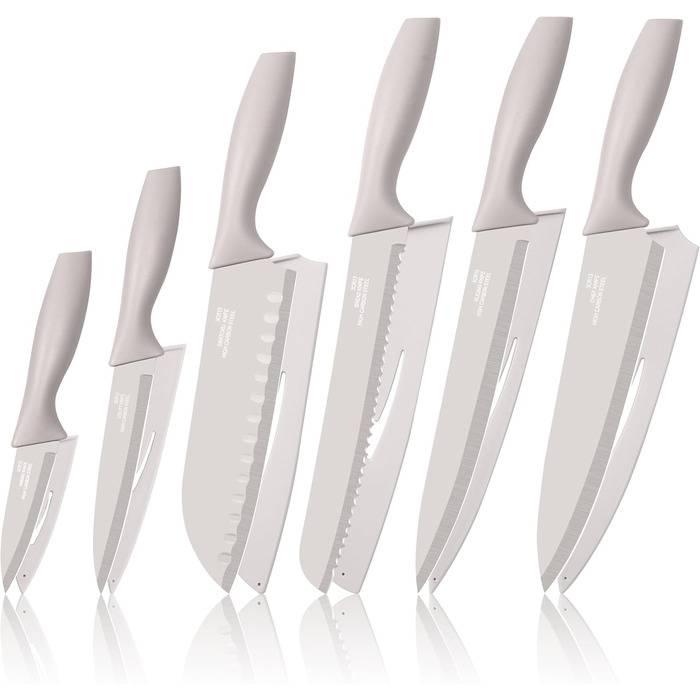 Набір кухонних ножів Homikit, нержавіюча сталь, 6 предметів, з захисним чохлом. Включає: кухарський ніж, ніж для м'яса, ніж для хліба, універсальний ніж, ніж для очищення овочів, сатокі. Антипригарне покриття, Khaki