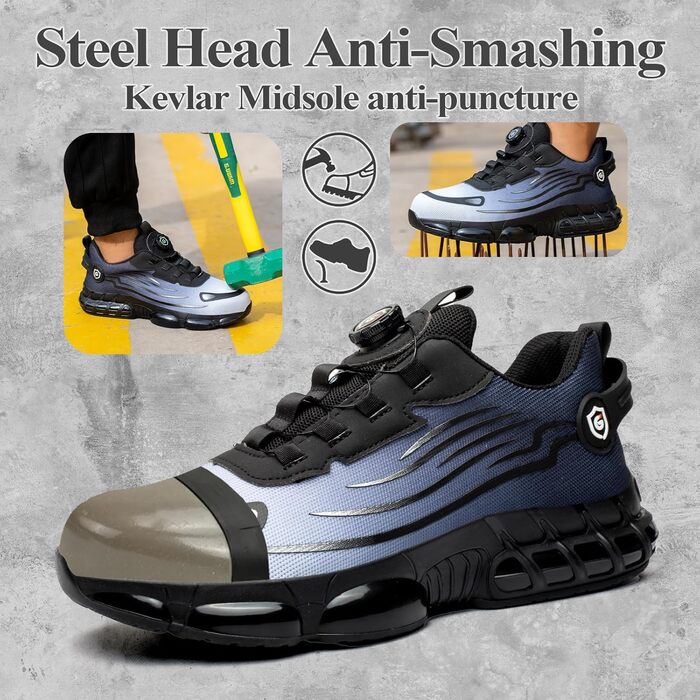 Робочі черевики: захисні черевики для чоловіків та жінок, сталевий капак, антипроколювання, легкі, спортивні, дихаючі, самозатягуючі, швидка застібка, модні, захисні черевики, розміри 36-46 EU (43 EU, синій 266)