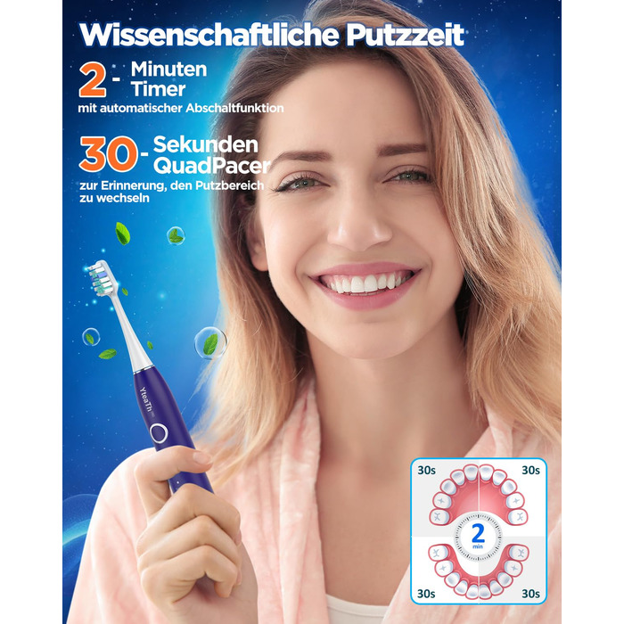 Електрична зубна щітка зі звуковими вібраціями, 8 насадок (3 типи), таймер, 120 днів роботи від акумулятора, 5 режимів чищення, чохол для подорожей, док-станція, фіолетовий колір