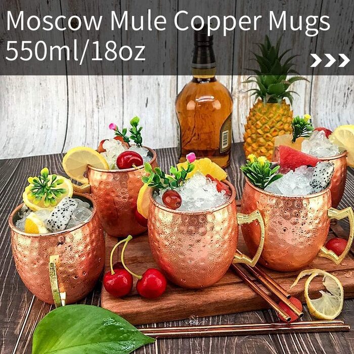 LINALL Moscow Mule Mug - 4-Piece Set, copper-plated stainless steel mugs, 550ml for chilled drinks - Copper