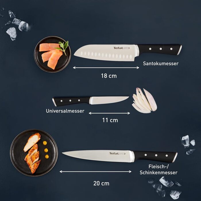 Набір ножів Tefal Ice Force 3 шт: ніж для м'яса 20 см, ніж Сантоку 18 см, універсальний ніж 11 см, нержавіюча сталь, чорний, K232S3