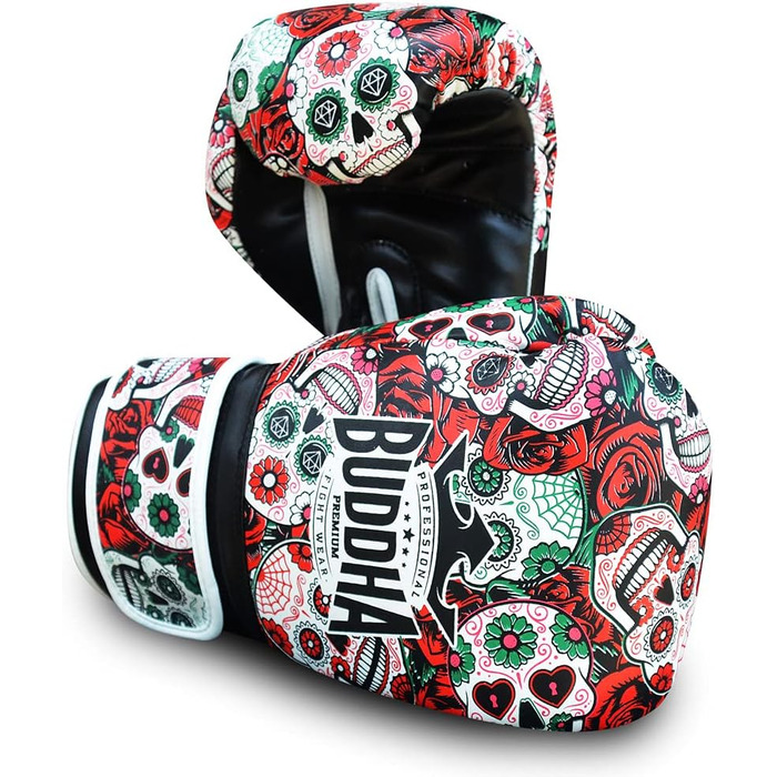 BUDDHA FIGHT WEAR Luzbel Boxing Gloves - Muay Thai & Kickboxing - Red 12oz Leather Interior - Reinforced Stitching - Multiple Designs