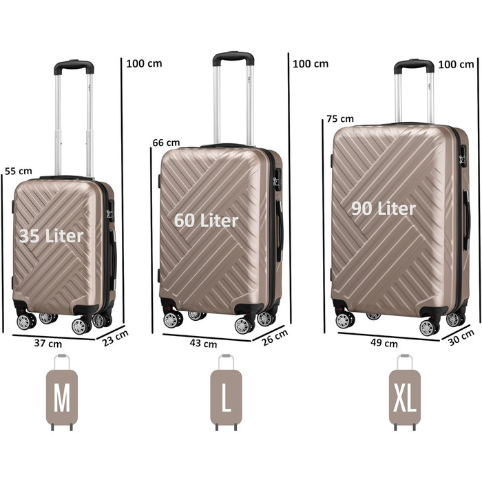 Набір валіз Zelsius 3 шт. Champagne | ABS, з кодовим замком, роздільниками всередині | Ручна валіза, набір валіз, Trolley, велика валіза