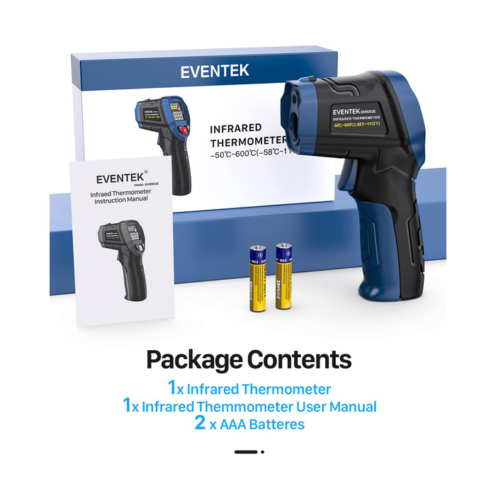 Інфрачервоний термометр Eventek -50°C до 600°C з лазером, регульований коефіцієнт випромінювання, цифровий, для гриля, піци, кухні, промисловості