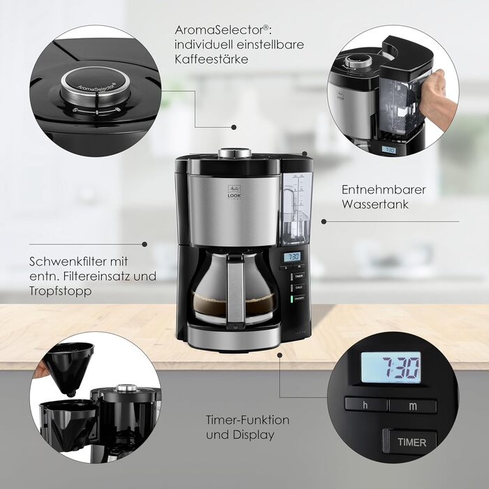 Melitta Look Timer - Filter Coffee Machine - with Glass Carafe - Timer Function - Drip Stop - 10 Cups - Black (1025-08) Black with Glass Carafe, Single