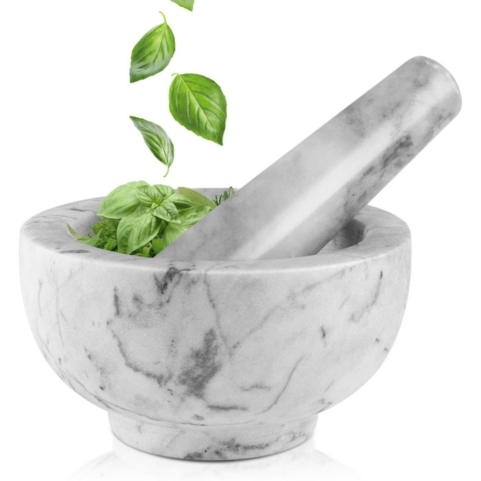Мраморний ступка з толуштою Flexzion, 12 см, для спецій та приготування їжі, білий колір