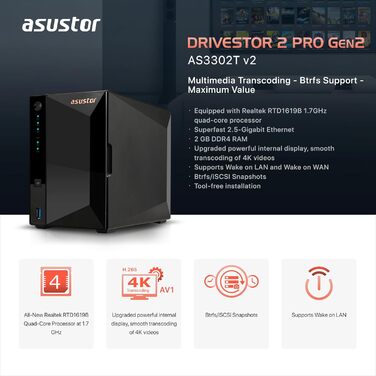 Asustor Drivestor 2 Lite AS1102TL - NAS сервер, 2 відсіки, 1 ГБ RAM DDR4, 1GbE порт