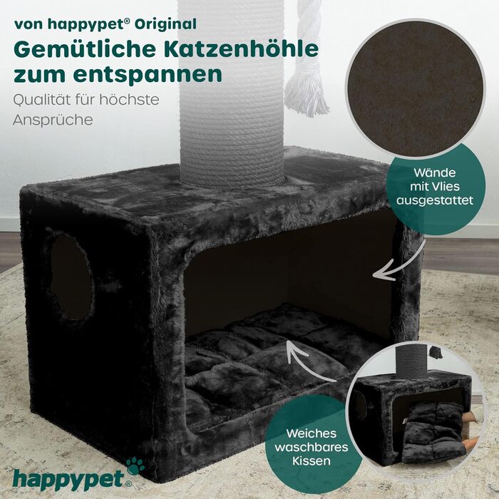 HAPPYPET Драбина для котів 'Mick', велика, стабільна, 103 см - преміум якість, 600 г плюшу, товстий стержень 18 см, велика площа для відпочинку, масивна кігтеточка для важких котів (наприклад, Мейн-кун), антрацит, 103 см